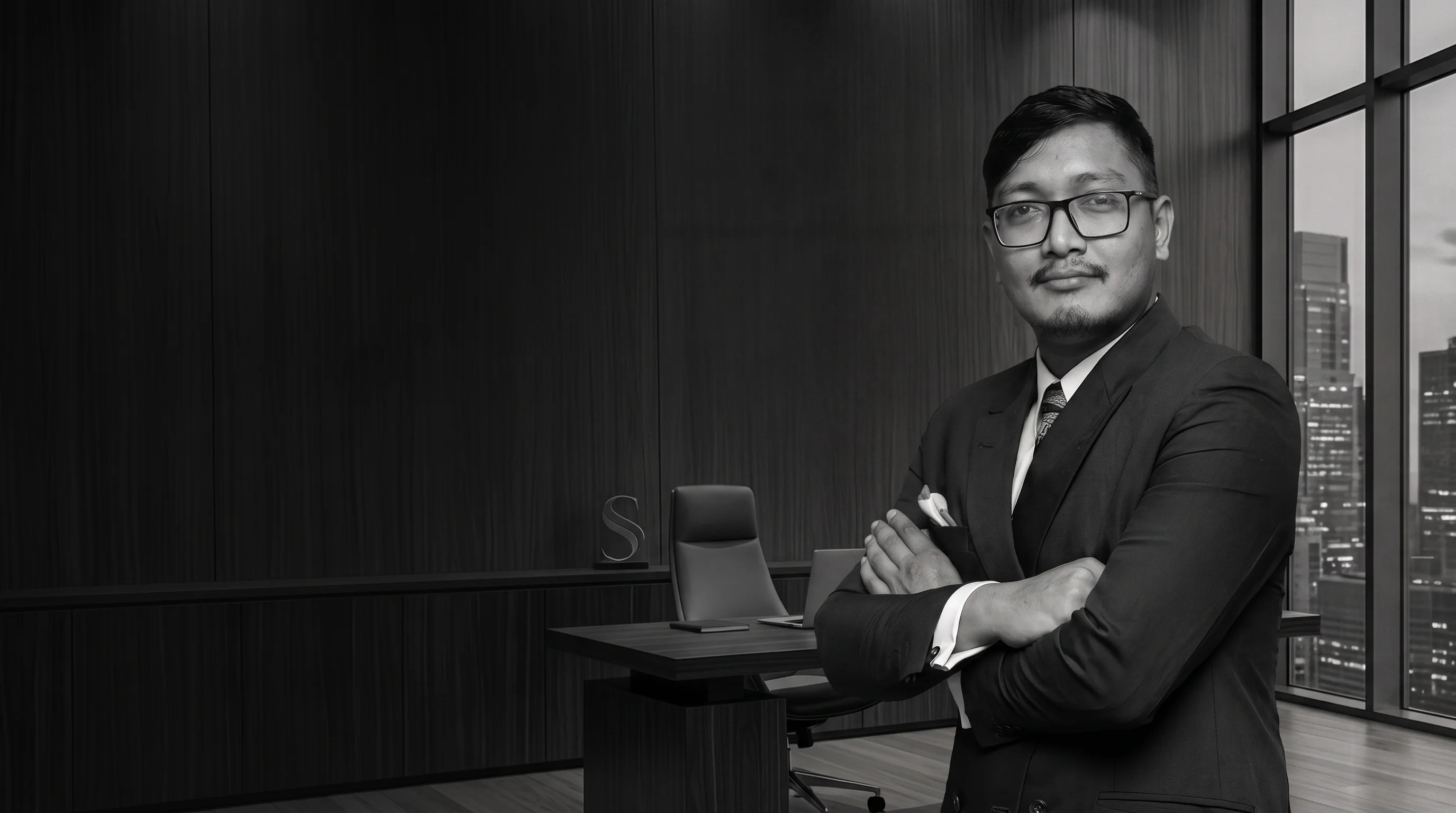 Sthaaz — black and white portrait in an executive office